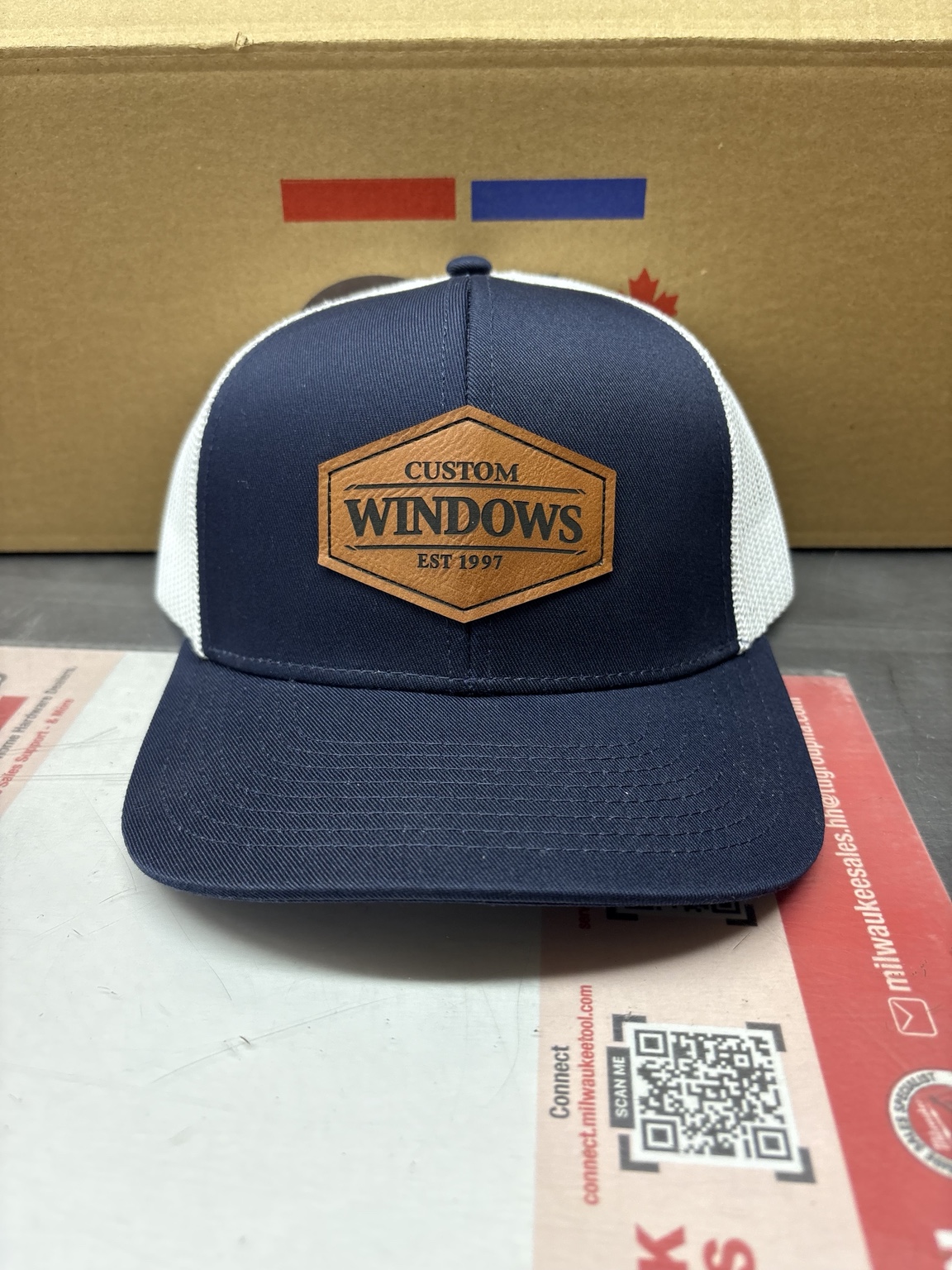Custom Windows custom hat — Faux-leather patch trucker